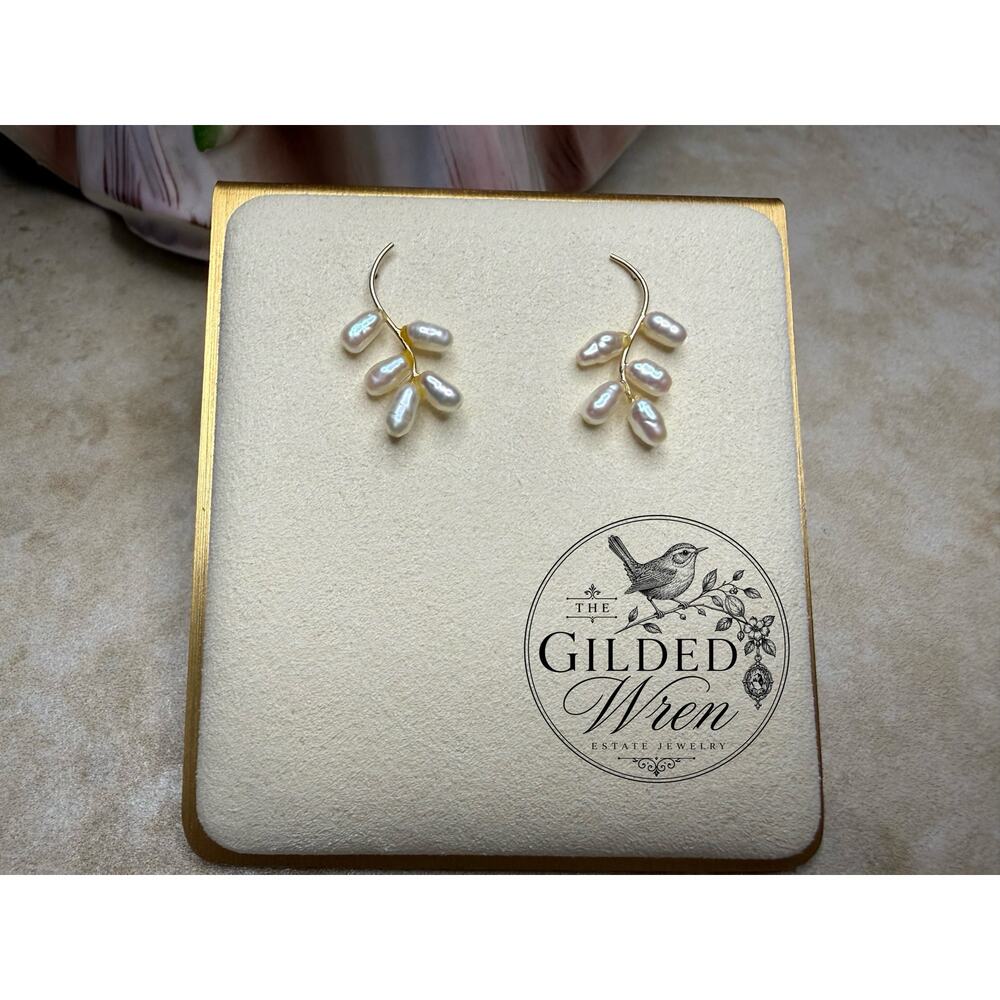 Vintage 14K Gold Freshwater Pearl Branch Dangle Earrings Organic Artisan Design - Picture 5 of 7